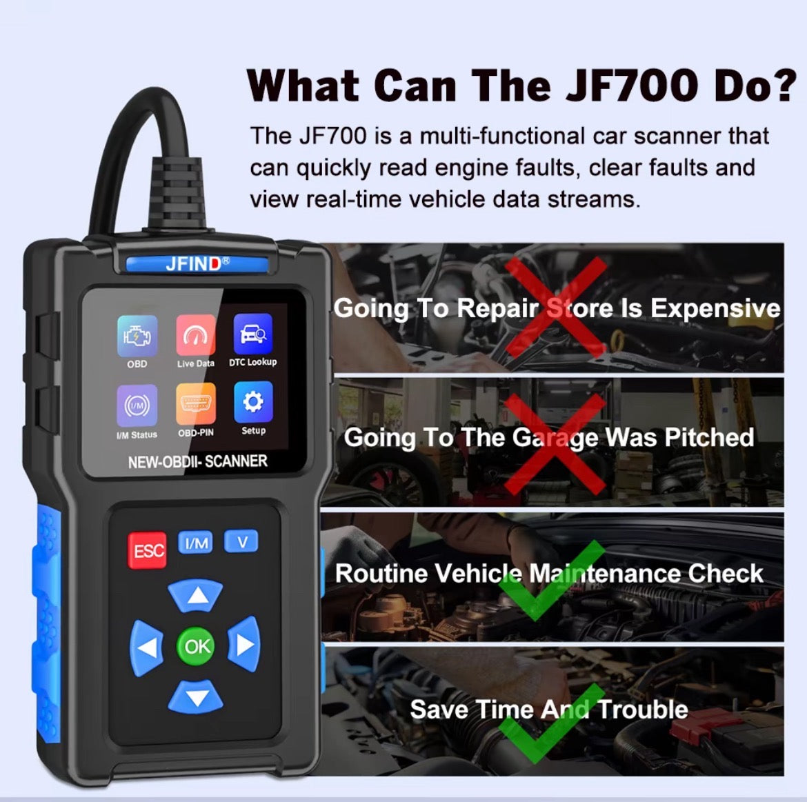 JF700 Car Motorcycle OBD2 Scanner Engine Tester for Honda Nissan OBD Pin Voltage Analyzer ELM 327